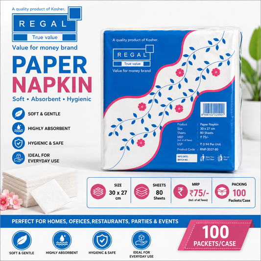 Regal Paper Napkin – 80 Sheets | 1 Ply | 30cm × 27cm | Soft, Absorbent & Hygienic | 100 Packets/Case