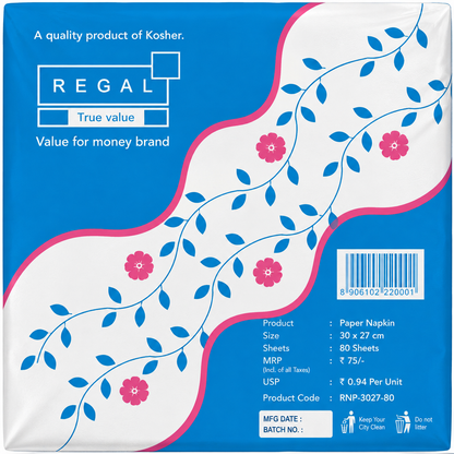 Regal Paper Napkin – 80 Sheets | 1 Ply | 30cm × 27cm | Soft, Absorbent & Hygienic | 100 Packets/Case
