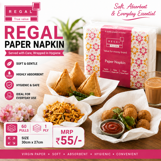 Regal Paper Napkin – 60 Pulls | 1 Ply | Virgin Paper | 30cm × 27cm | MRP ₹55/-/-