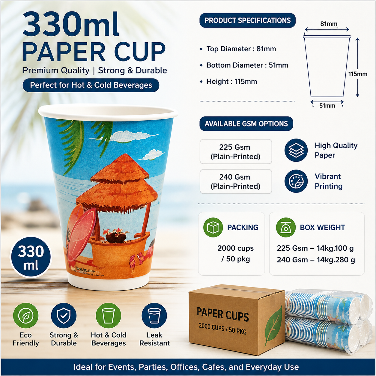 330ML Juice & Nutritional Paper Cups with Lids | 225/240 GSM | Printed & Plain | 50 Cups + Lids