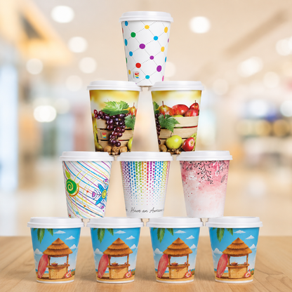 330ML Juice & Nutritional Paper Cups with Lids | 225/240 GSM | Printed & Plain | 50 Cups + Lids